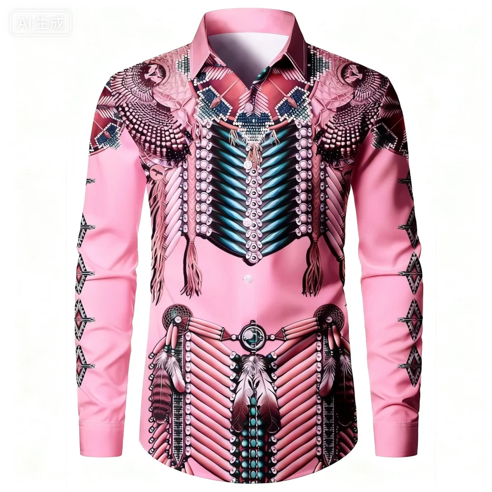 

Men's plus Size Long Sleeve Lapel Shirt Ethnic Tribal Pattern Printed Hawaiian Fashionable Casual Social Shirt Fast Shipping