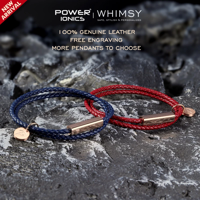 POWER IONICS WHIMSY Series Men Women Genuine Leather Wrap Charm Bracelet Gifts Free Custom Engraving