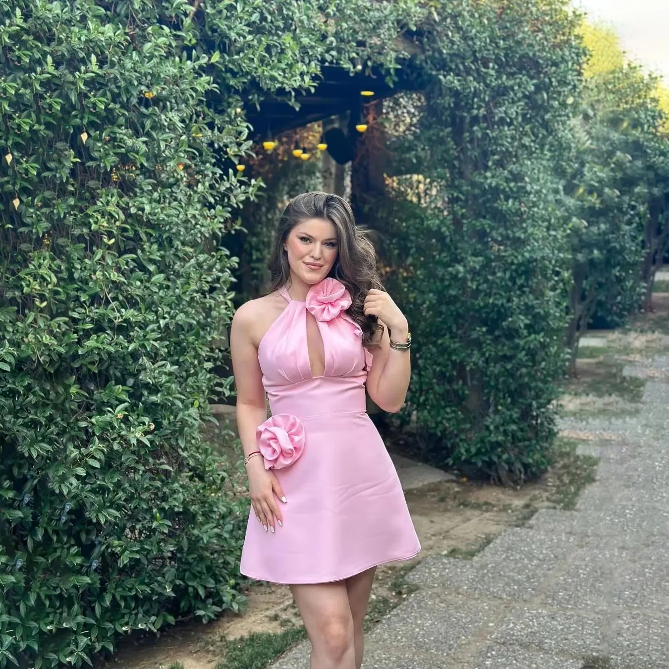 Pink Short Formal Occasion Prom Dresses O-Neck Satin Evening Dresses Party Dresses WITH3D Floral