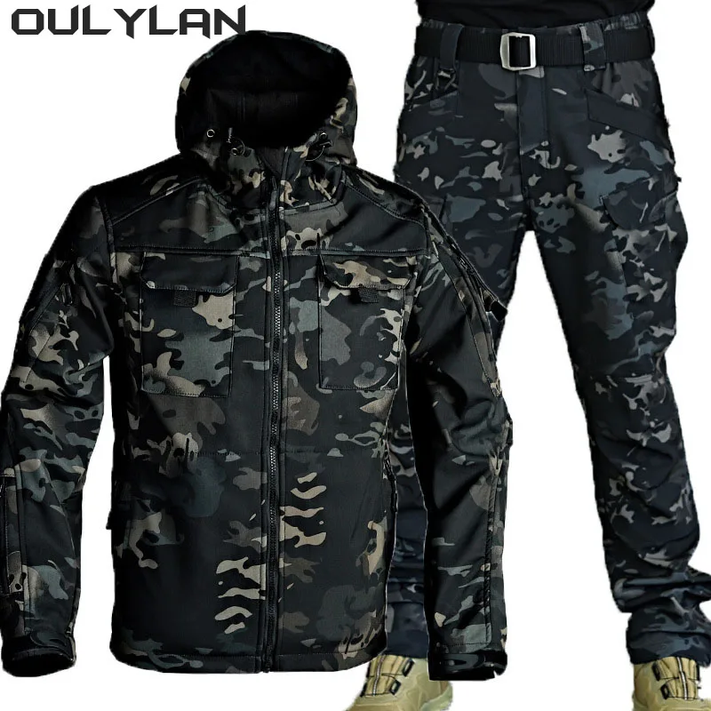 

Oulylan Warm Cargo Pants Uniform Windproof Men's Tactical Sets Shark Skin Suit Soft Shell Waterproof Jackets