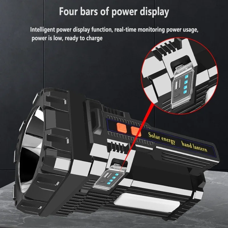 New Portable Solar Flashlight LED Work Light USB Rechargeable Searchlight with Side Light Outdoor Waterproof Power Bank Lantern
