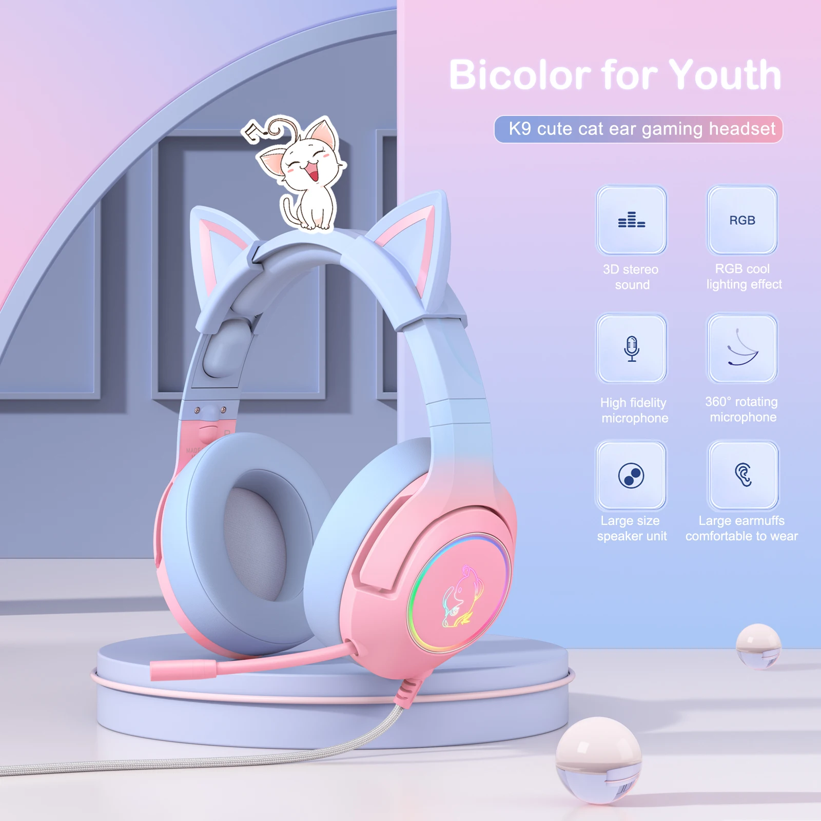 ONIKUMA K9 двухцветные Игровые наушники с RGB светодиодный светильник кой, выдвижной микрофон, геймерская гарнитура, компьютерные наушники для компьютерных игр