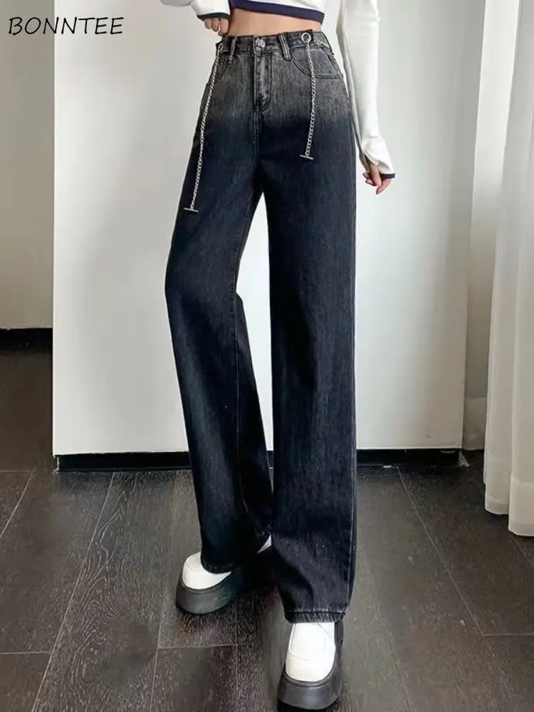 

Jeans Women with Chain Street BF Style Straight Hipster Spring Fall Lady Trendy Gradient Korean Denim Popular All-match Trouser