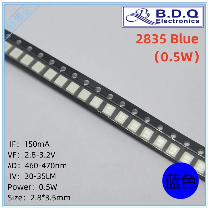 100 Uds SMD LED 2835 0,5 W azul 460-470nm cuentas de lámpara LED tamaño 2835 diodo emisor de luz alta calidad brillante