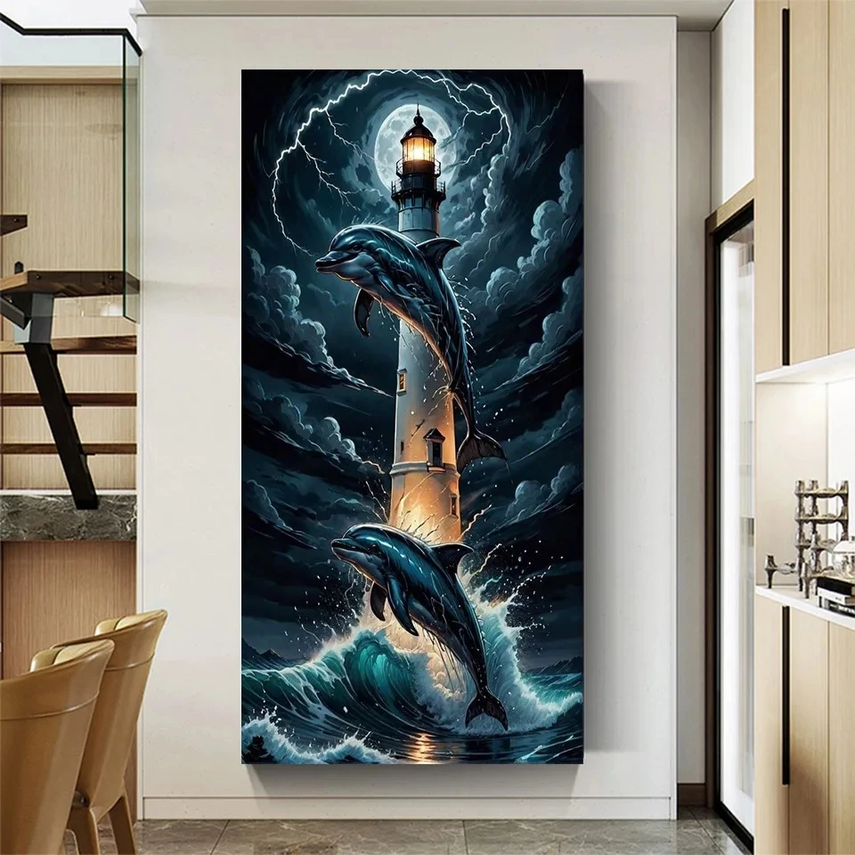 Lighthouse Wave Landscape 5D DIY Diamond Painting Jumping Dolphin Full Square Round Mosaic Diamond Embroidery Cross Stitch Kits