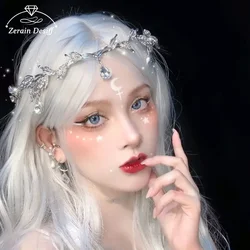 Romantic Fairy Crown Tiaras Crystal Leaves Elf Wedding Hair Accessories for Women Silver Color Costume Headpieces