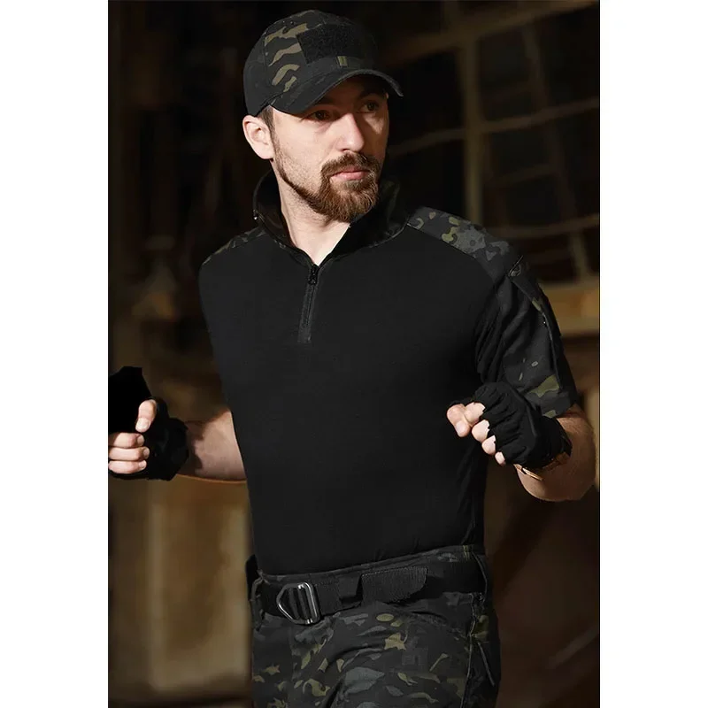 Black Camo Training Set Mens Half Zip Combat Tops Waterproof Tactical Suit Elastic Multiple Pockets Quick Drying 3-pcs