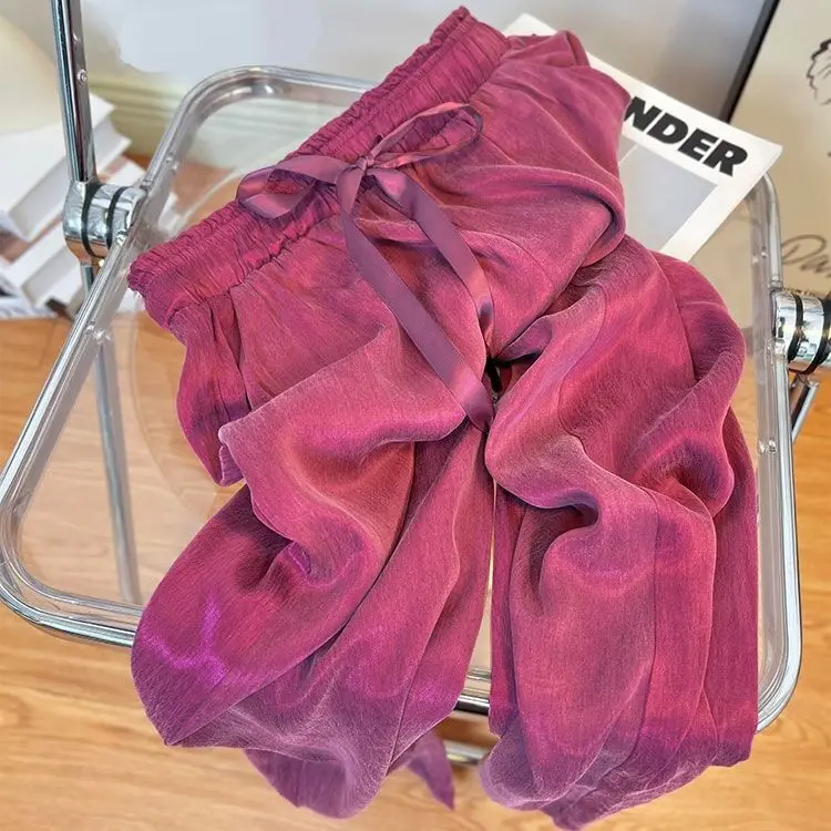 

Purple Ice Silk Cool Summer Thin Wide-leg Pants for Women Straight Loose Draped Casual Pants