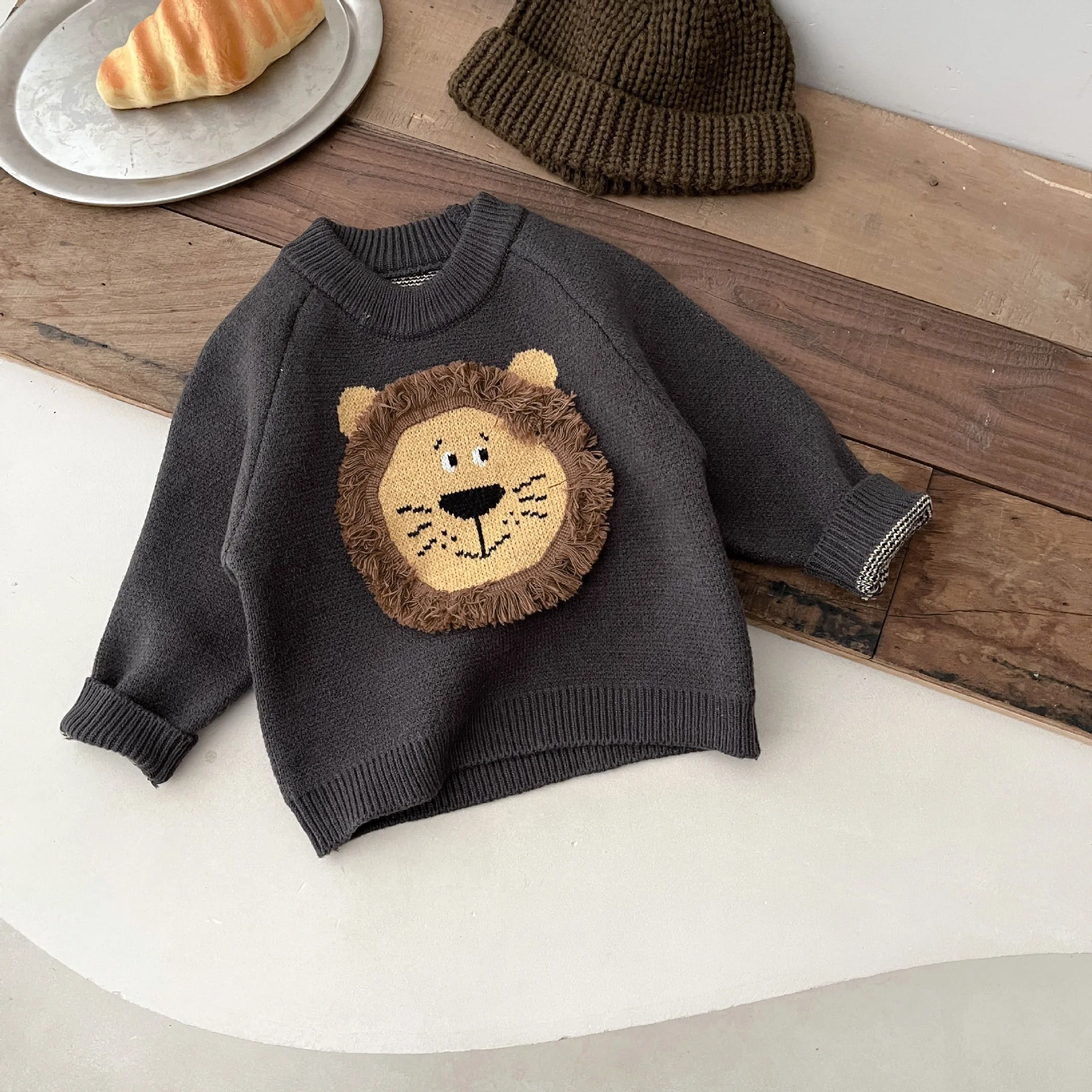 MiniAinis Autumn Winter Baby Thickened Lion Round Neck Top Girls Knitted Warm Sweater Boys Cartoon Clothes Children Clothing