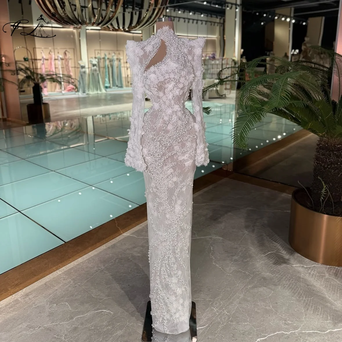 Pearl Lace Long Dress White Applique Mermaid Dress High Neck Hollow Chiffon Dress Customizable Wedding Party Dress Bridal Gown