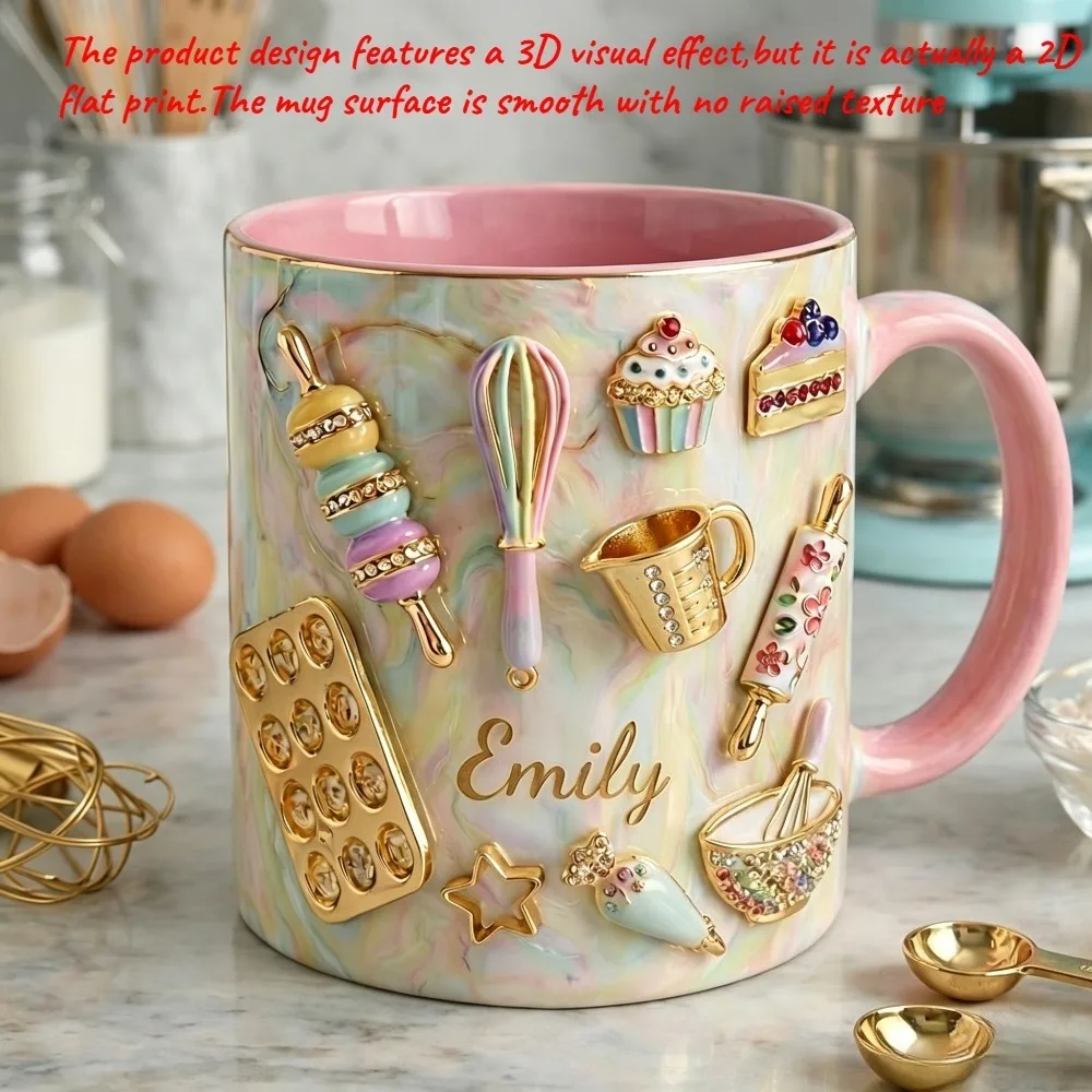 Customizable Face 2D Printed Mug Personalized Name Baker Mug Reusable Insulated Coffee Cup Ideal Gift Baking Lovers Office Schoo