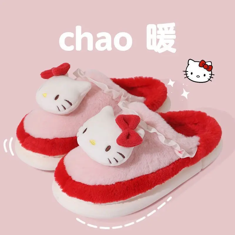 Sanrio Kuromi Slippers Cute Cinnamoroll Hello Kitty Cotton Fuzzy Slippers My Melody Women\'s Winter Velvet Warm Home Shoes Gifts