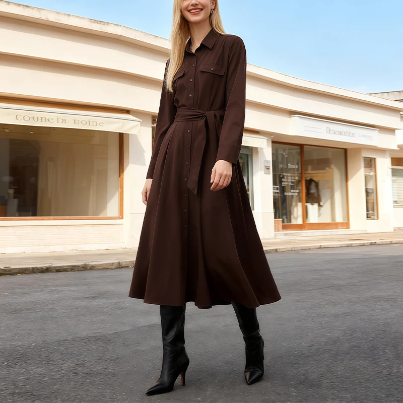 Womens Dress With A Waist Belt Waist Cinching Lapel Collar Long Sleeves Shirt Style Dress A Must Have Item For Spring And Autumn