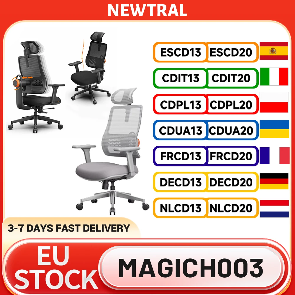 NEWTRAL MAGICH003 Chaise ergonomique, dossier à suivi automatique, appuie-tête réglable, profondeur de siège réglable, soutien lombaire adaptatif, 3D