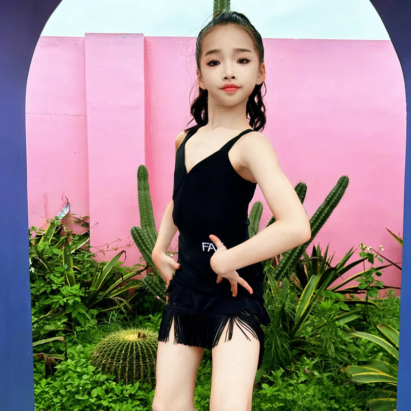 

Платье для латинских танцев по индивидуальному заказу, костюм для латинских танцев для девочек, одежда для выступлений, черный сетчатый комплект с кисточками