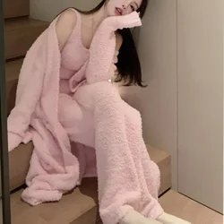 Fluffy Soft Warm thick fashion pajama set 2024 Women's new sweet lazy sexy advanced family can wear out the robe pajama set