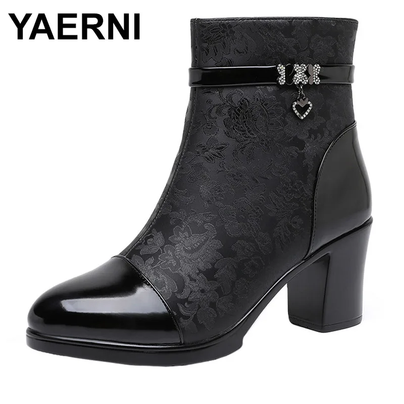 

7cm Small Size 32-43 Fashion Embroider Soft Leather Boots Platform Shoes Fall Winter Block Heels Ankle Botas with Fur
