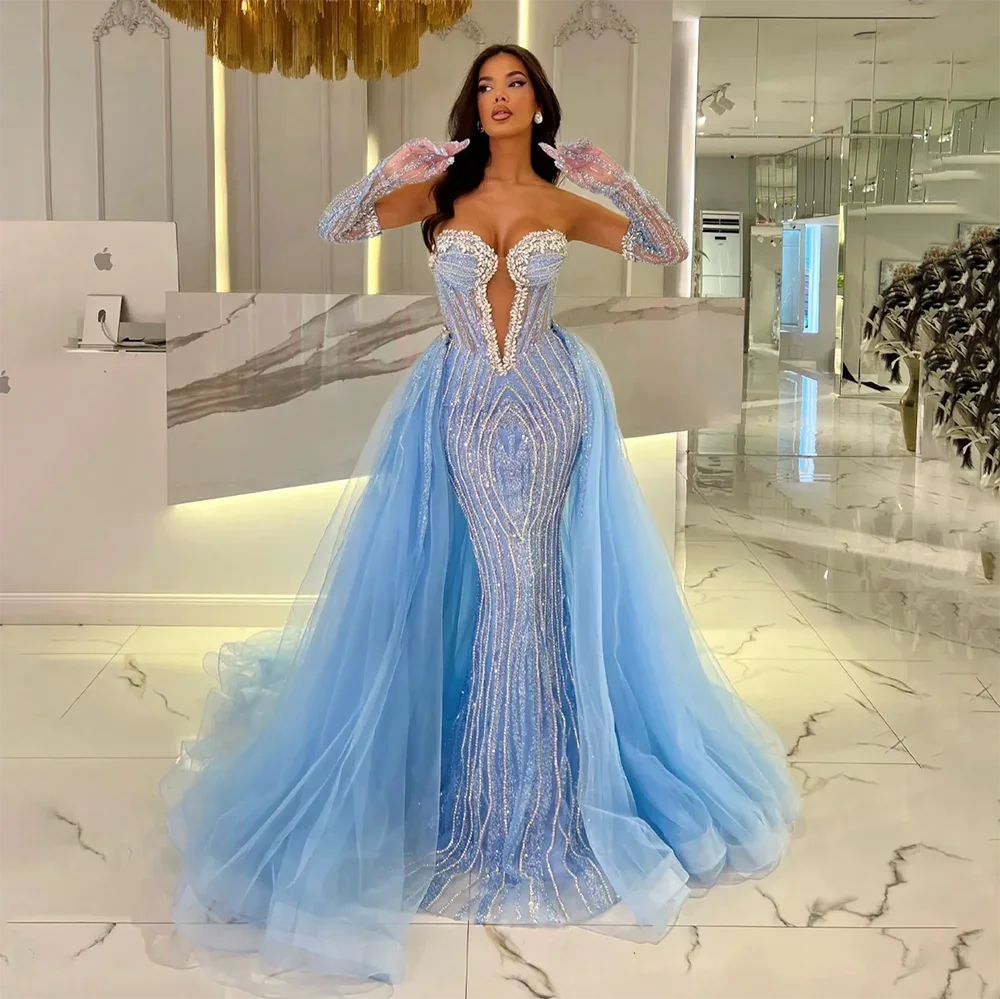Serene Hill Blue Mermaid Evening Dress with Gloves
