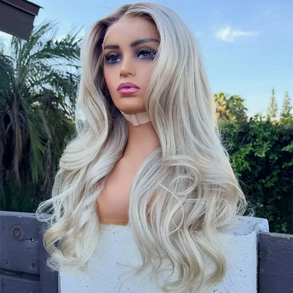 Soft Body Wave Wig 13x4 Free Part Ombre Light Blonde Natural Wig Synthetic Fibre Mixed Human Hair Wig with Roots Women's Wig