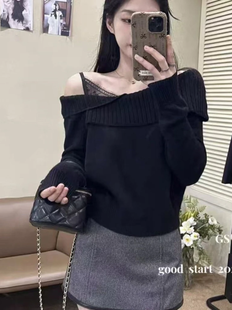 แฟชั่นฤดูใบไม้ร่วงและฤดูหนาว เสื้อฮู้ดถักไหมพรมผู้หญิงแบบใหม่ ดีไซน์หรูหรา สายเดี่ยวผูกเชือกแบบลูกไม้ สไตล์สาวฮอต เสื้อสเวตเตอร์อเนกประสงค์