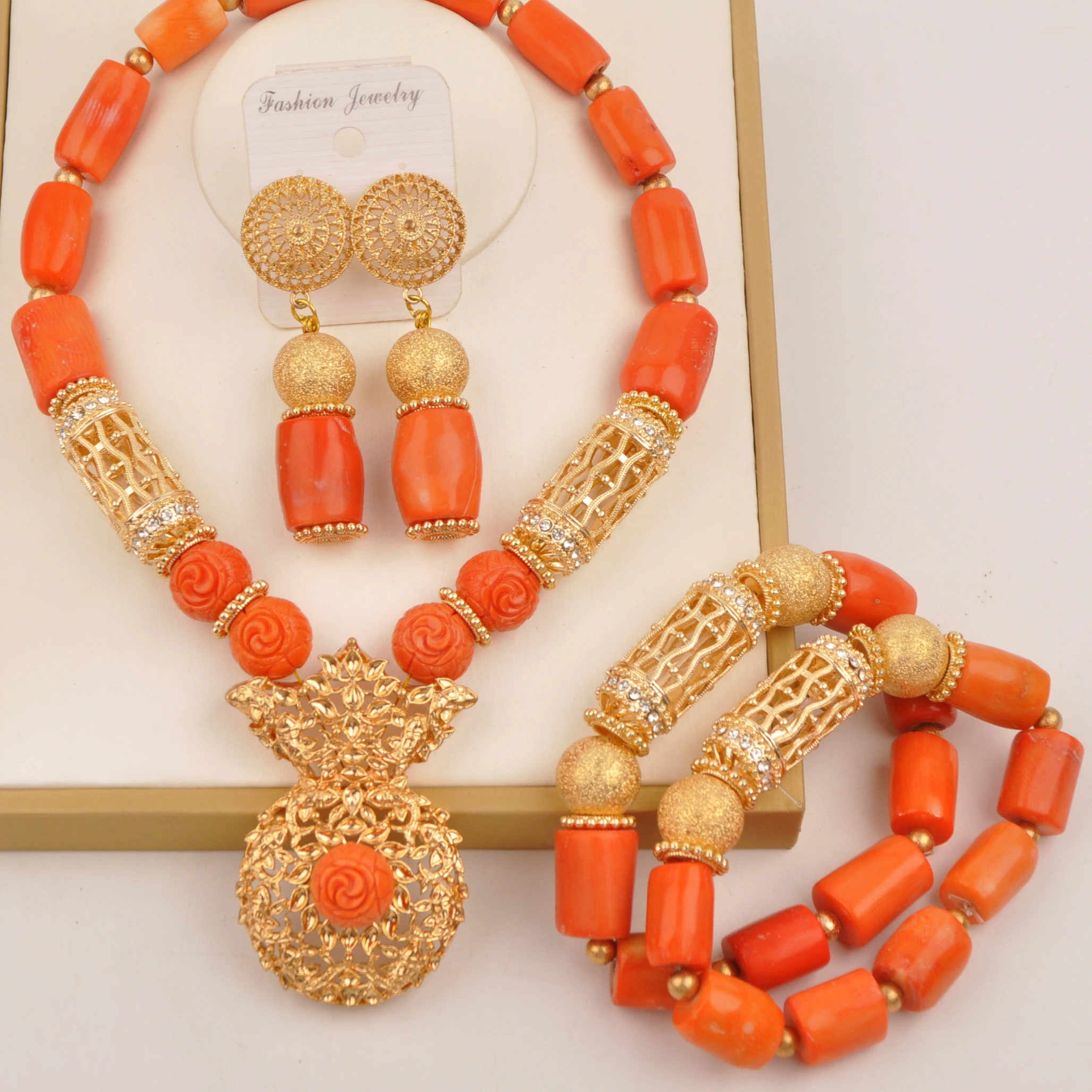 

African wedding beads orange original coral jewelry set