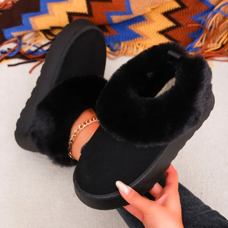 Women's Ankle Boots Platform Flat Heel Slip on Smooth Finish Faux Fur Trim Casual Winter Daily Footwear Warm Comfortable Style