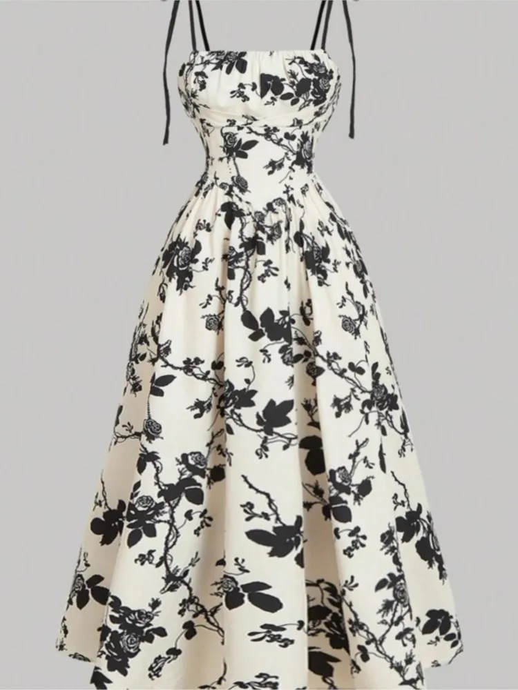 

Women's Print Spaghetti Strap Midi Dress New Summer Fashion Casual Office Party Dresses Woman Sleeveless Robe Femme Vestidos