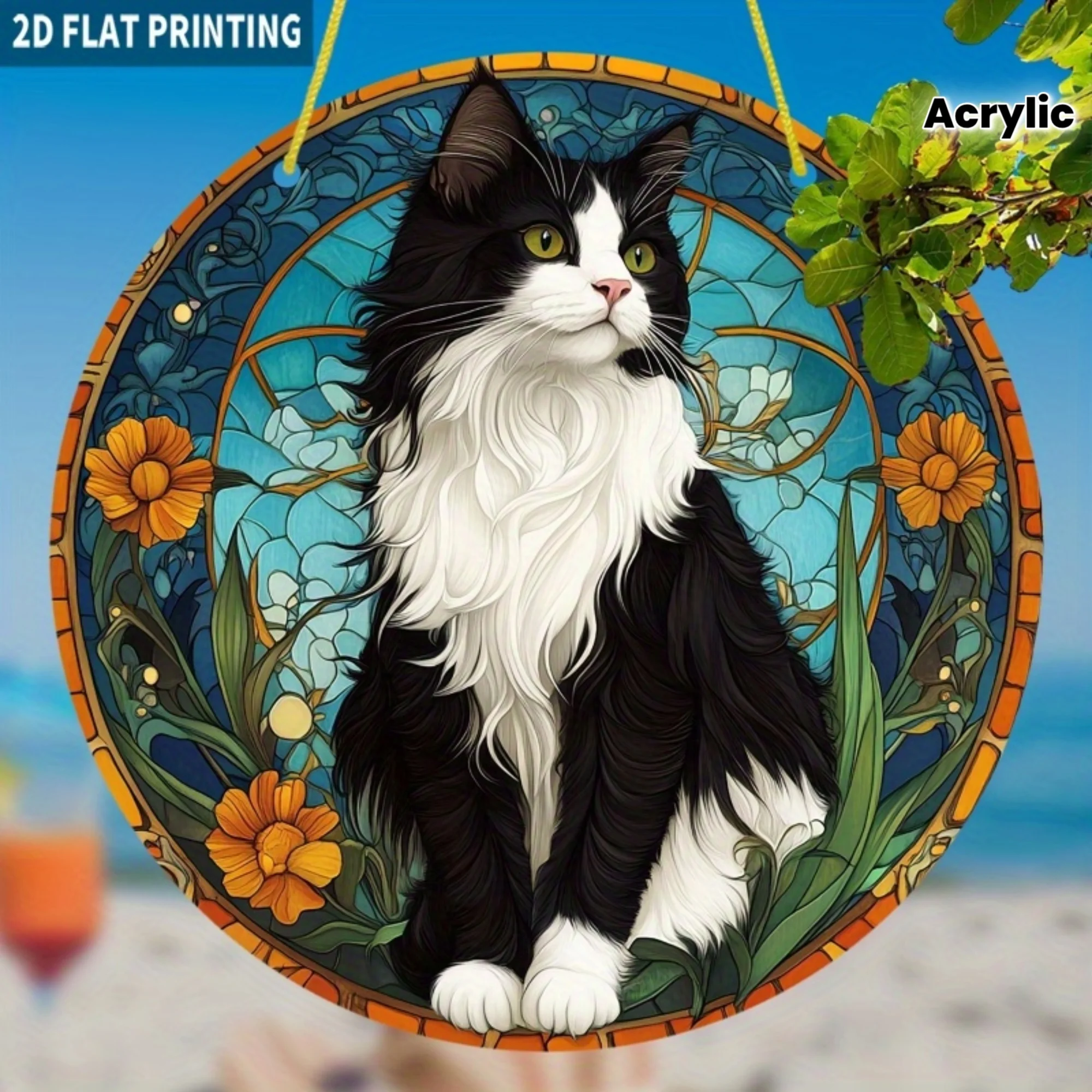 2D Flat, 1pc Elegant Black & White Cat Stained Glass Sun Catcher - 19.99 cm Round Acrylic Window Hanging Decor with Vibrant Flor
