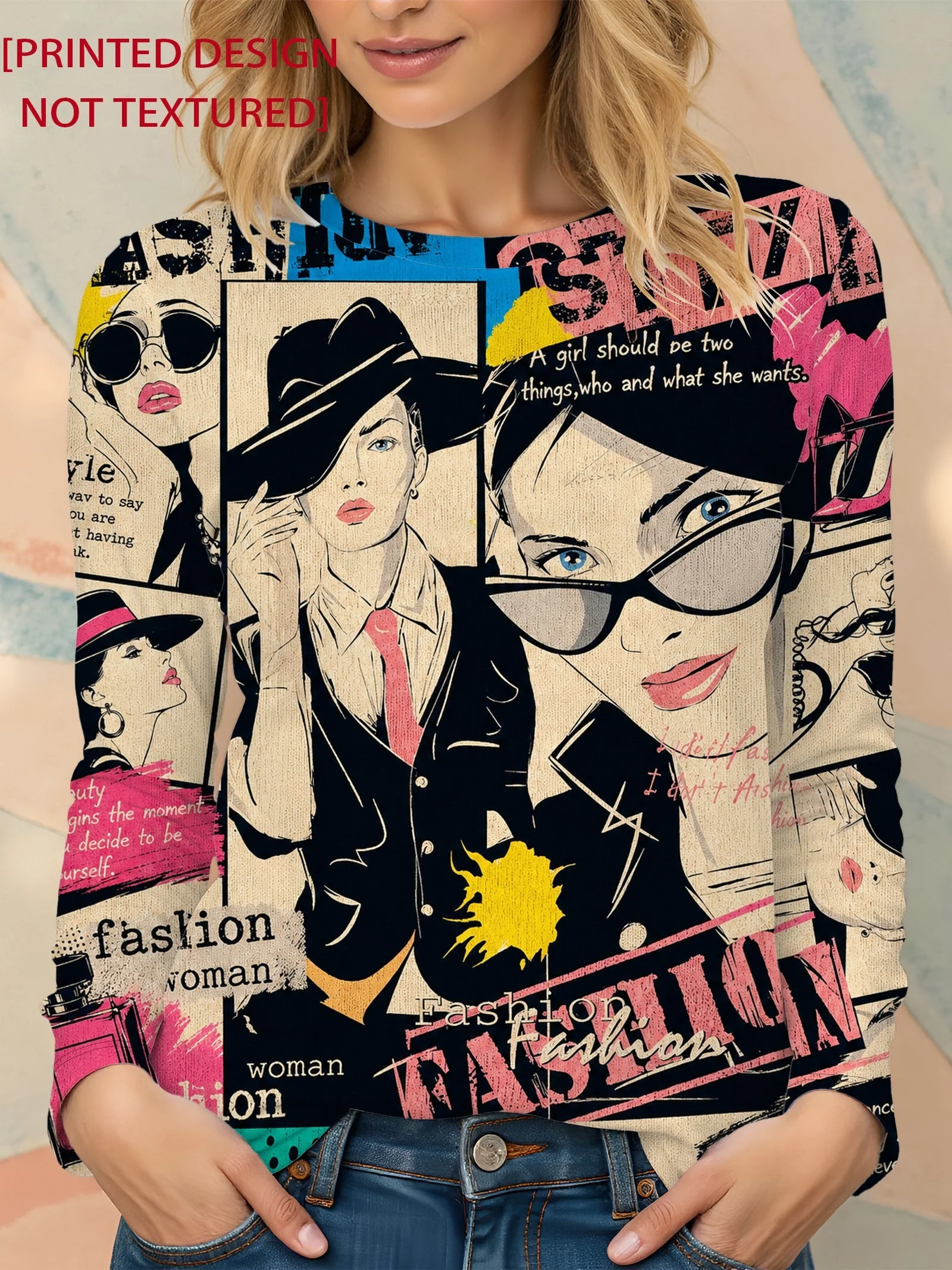 Women Round Neck Long Sleeve T‑Shirt Pop Art Fashion Woman Collage Print Holiday Casual Party Top Women's Clothes