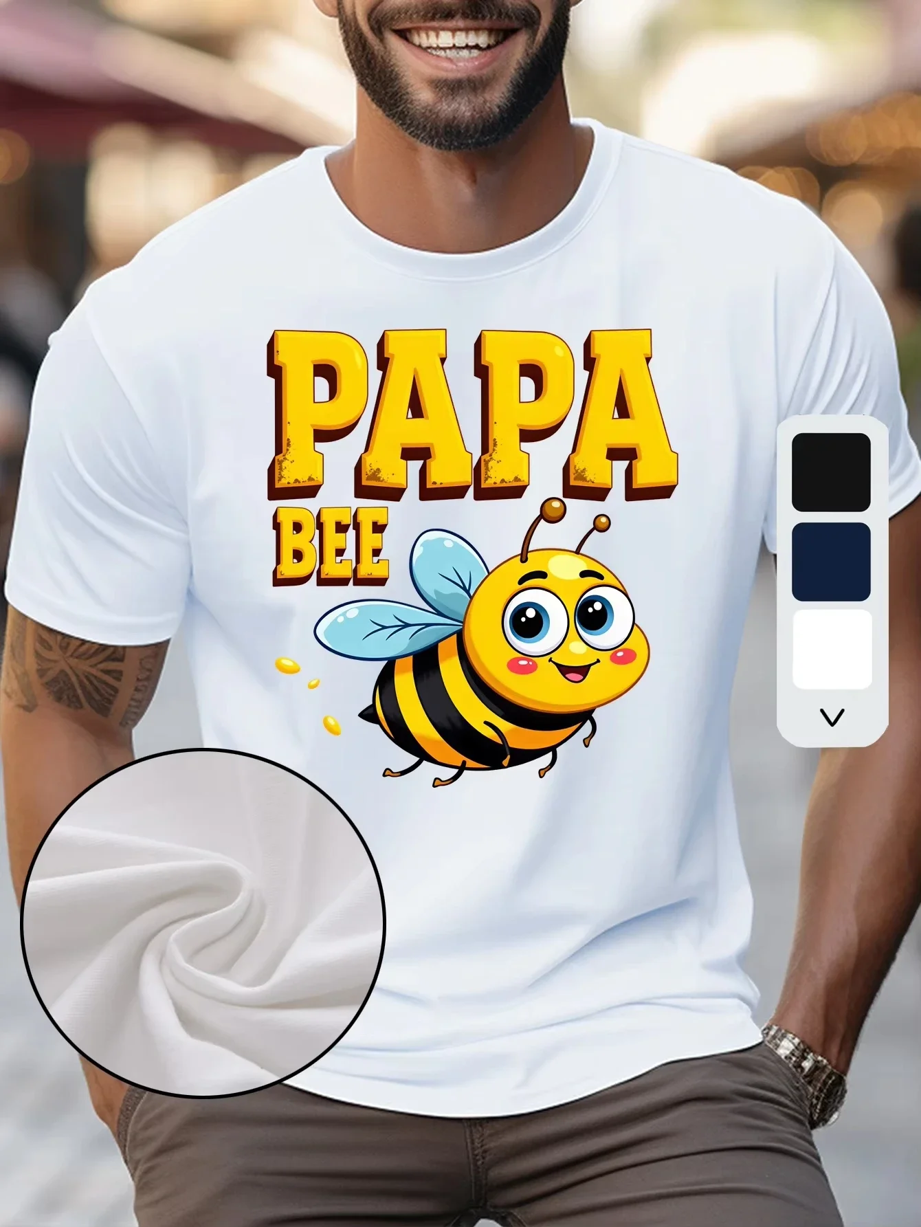 Fathers Day Papa Bee Graphic Mens T Shirt Lovely Cartoon Bee Design Casual Daily Wear Short Sleeve Crew Neck Tee