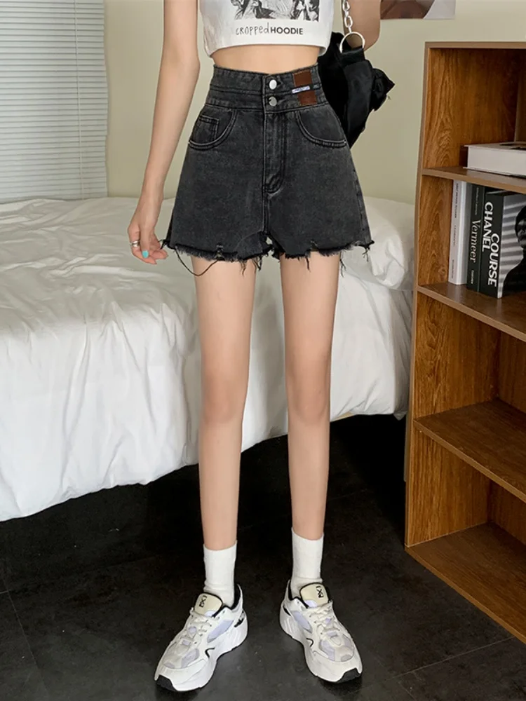 

High Waist Wide Leg A-Line Shorts Women's Denim Jeans Black Grey Spring New plus Size Loose Slimming Hot Pants Casual Washed