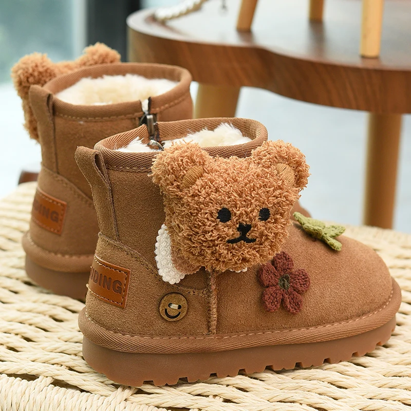 Girls' genuine leather snow boots 2025 new winter children's large cotton shoes keep warm, medium and large children's snow cott