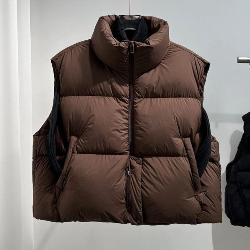 

Осень-зима, теплый пуховый жилет с воротником-стойкой, женский толстый свободный стеганый жилет на молнии, женский жилет без рукавов на белом утином пуху