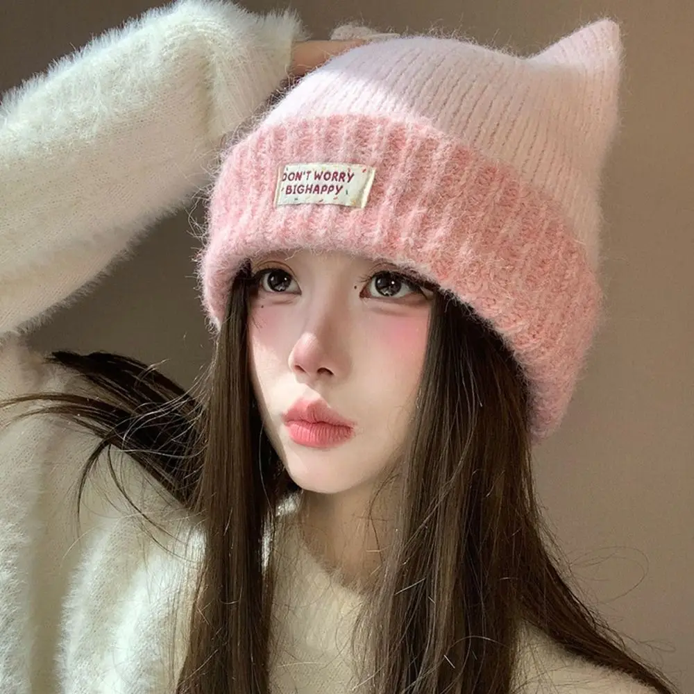 Polyester Cat Ear Beanie Warm Lining 56-58cm Fleece Lined Knitted Hat Cold Proof Ear Protection Fall Winter Knit Hat