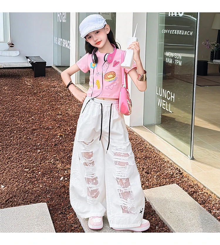 Teenager-Mädchen Mode Street-Style Y2K Kleidungsset Outfits für Mädchen Sommer T-Shirt + zerrissene Hosen Streetwear Coole Kinderkleidung Anzug – Detail 12