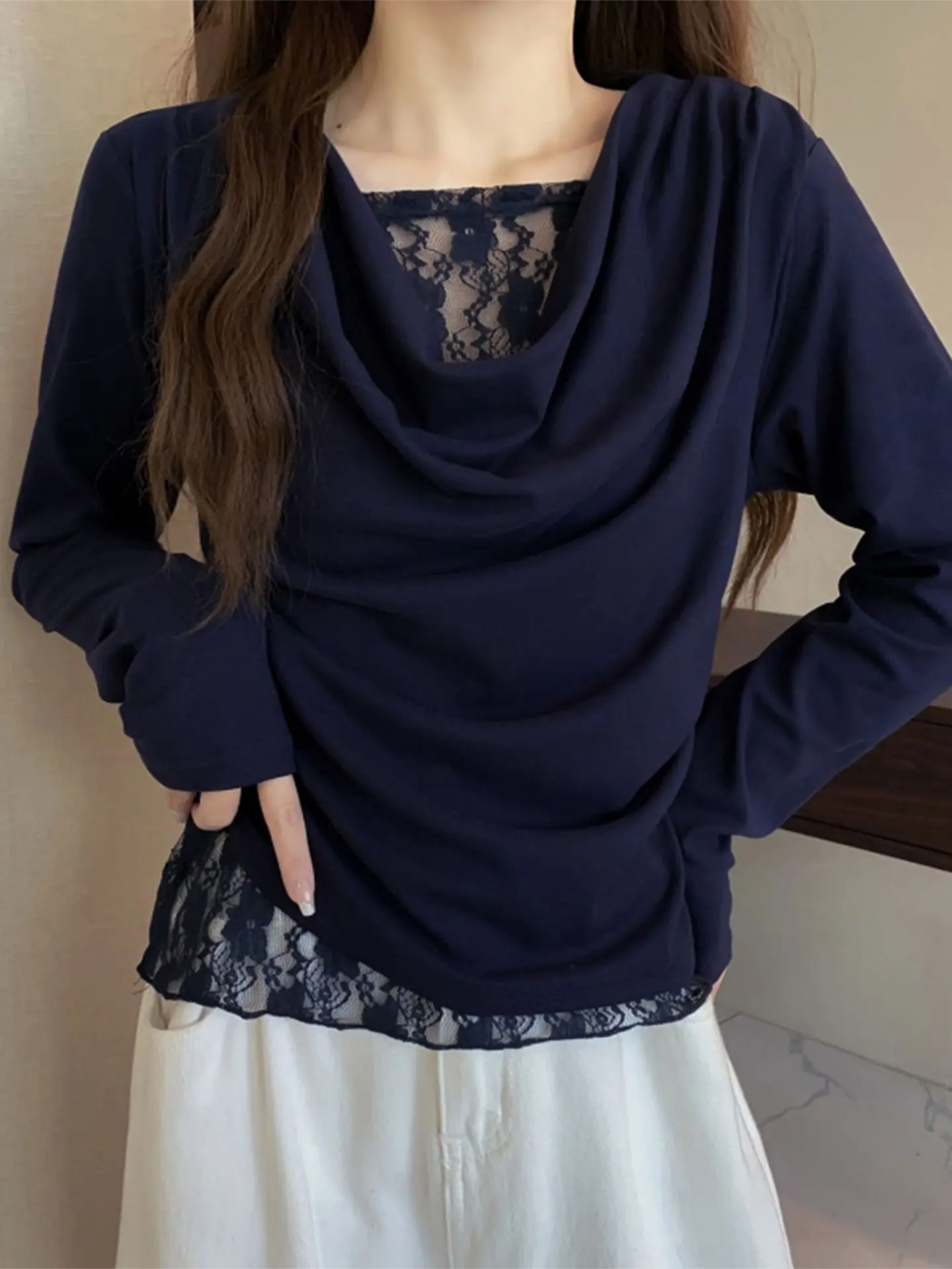 

Blue Lace Splicing Long Sve T-irt Women's Base irt Top Korean Sle Commute Regular Thin Autumn Winter plus Size