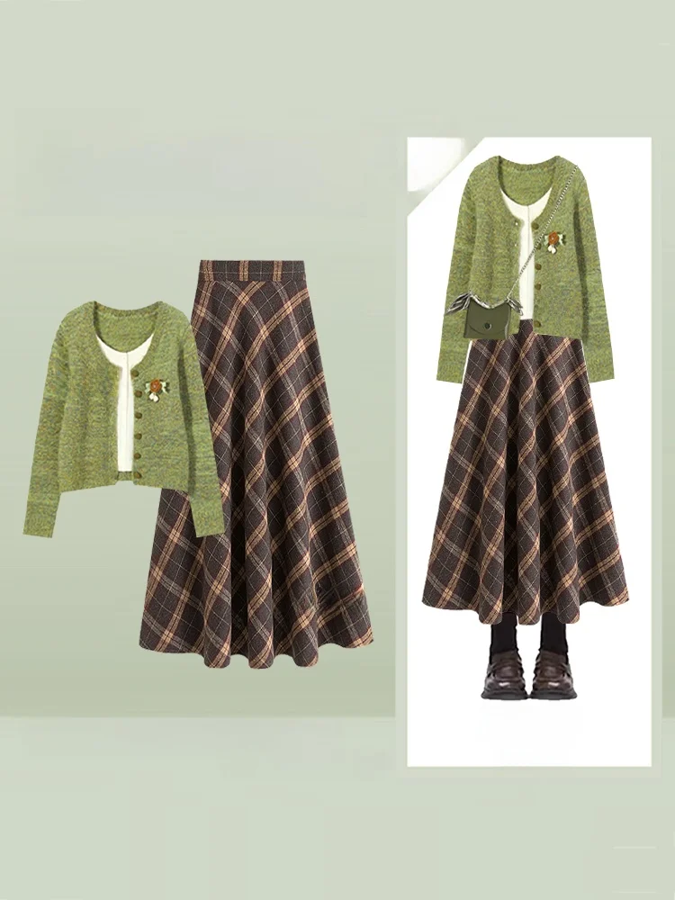 

Winter Knitted Set Green High Waist Plaid Skirt Women's Fashion Ensemble Casual Style Long Sleeve round Neck Top