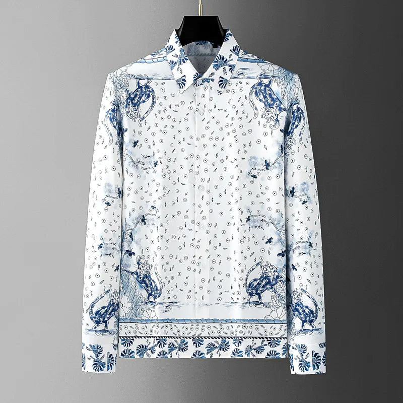 Luxury Retro Printed Men's Shirt Long Sleeve Casual Business Dress Shirts Fashion Social Streetwear Tuxedo Blouse Men Clothing