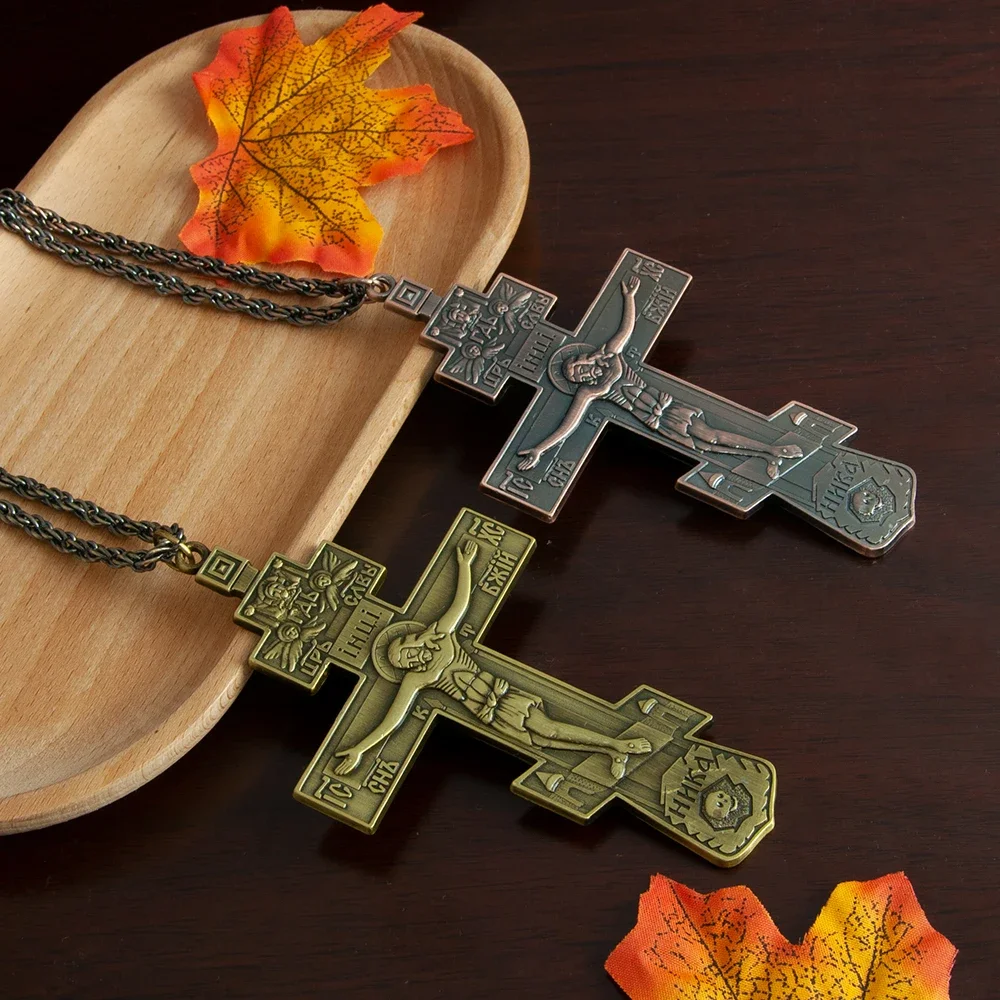 HTISOK Orthodoxes Jesus-Kreuz, Jesus-Kruzifix, vergoldetes Brustkreuz, Anhänger-Halskette für Priester, Bischof, religiöses Geschenk – Detail 3