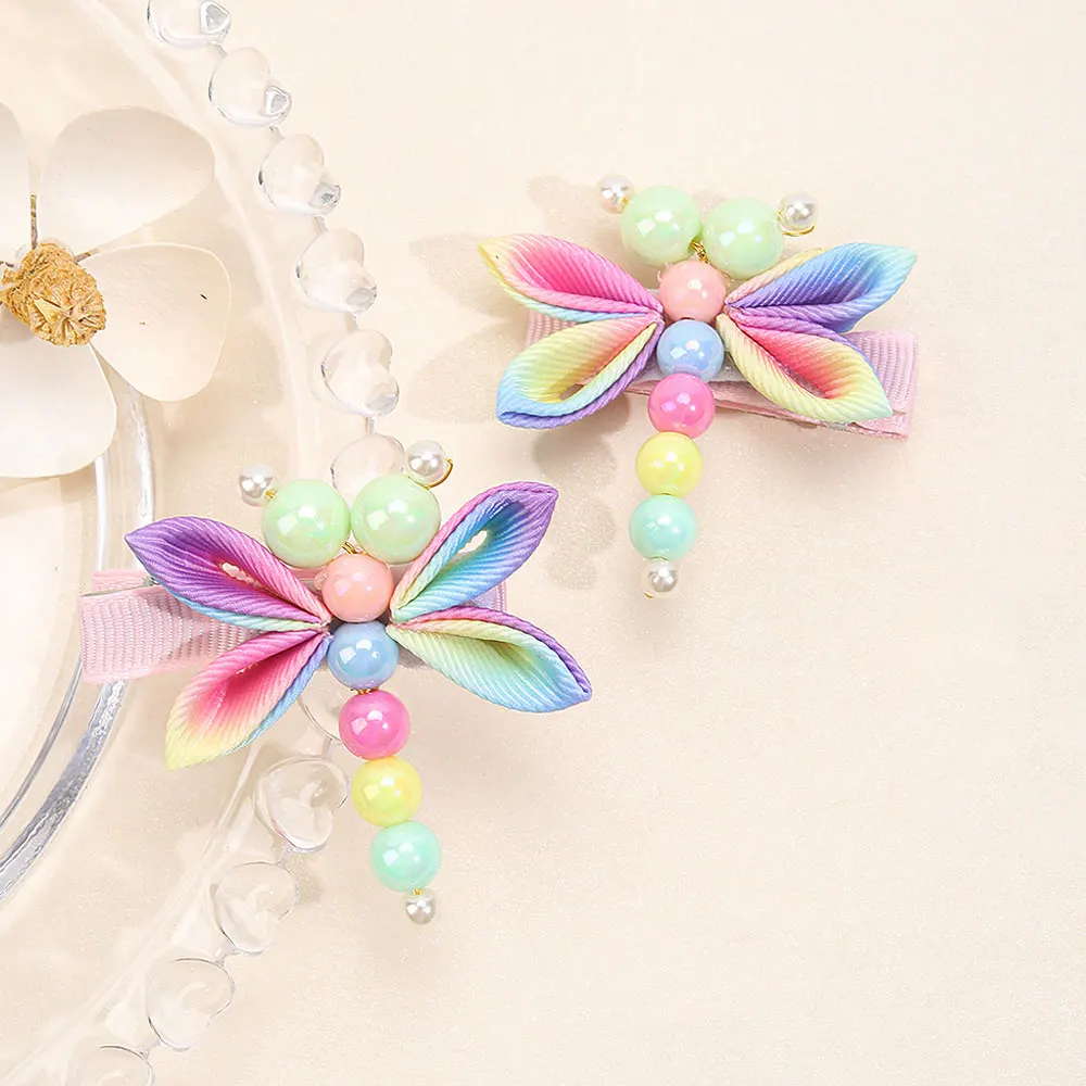 2Pcs Sweet Pearl Baby Hairpins Hair Lace Ornament Headwear Exquisite Gradient Dragonfly Hair Clips For Girls Hair Accessories