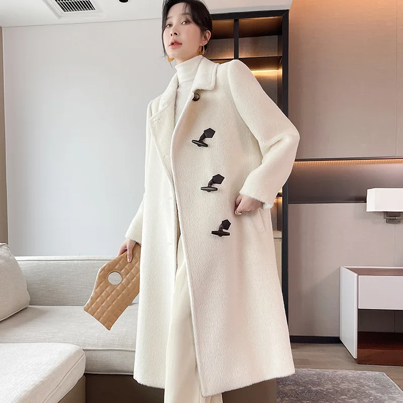 

High-end Winter White Alpaca Wool Coat Women 2022 New Long 100% Alpaca Wool Straight Cylinder Elegant Liner Thickened Warm Coat