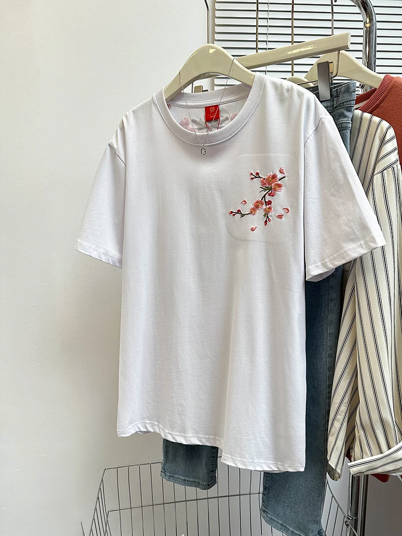 Camiseta Extra Grande de 300 Pou, Súper Hermosa y Única, Camiseta Holgada con Bordado Pesado para Mujer, para el Verano de 2024