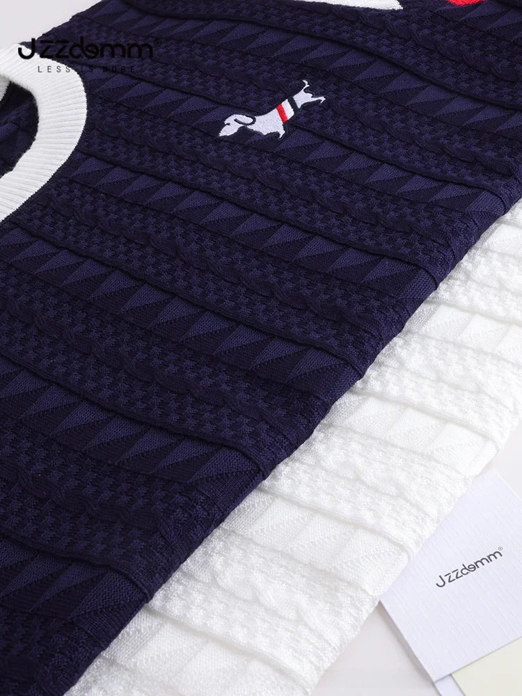 JZZDEMM Damska Dopasowana Dzianinowa Koszulka z Haftowanym Wzorem, Nowość na Lato, Modna Retro Elegancka Odzież Codzienna