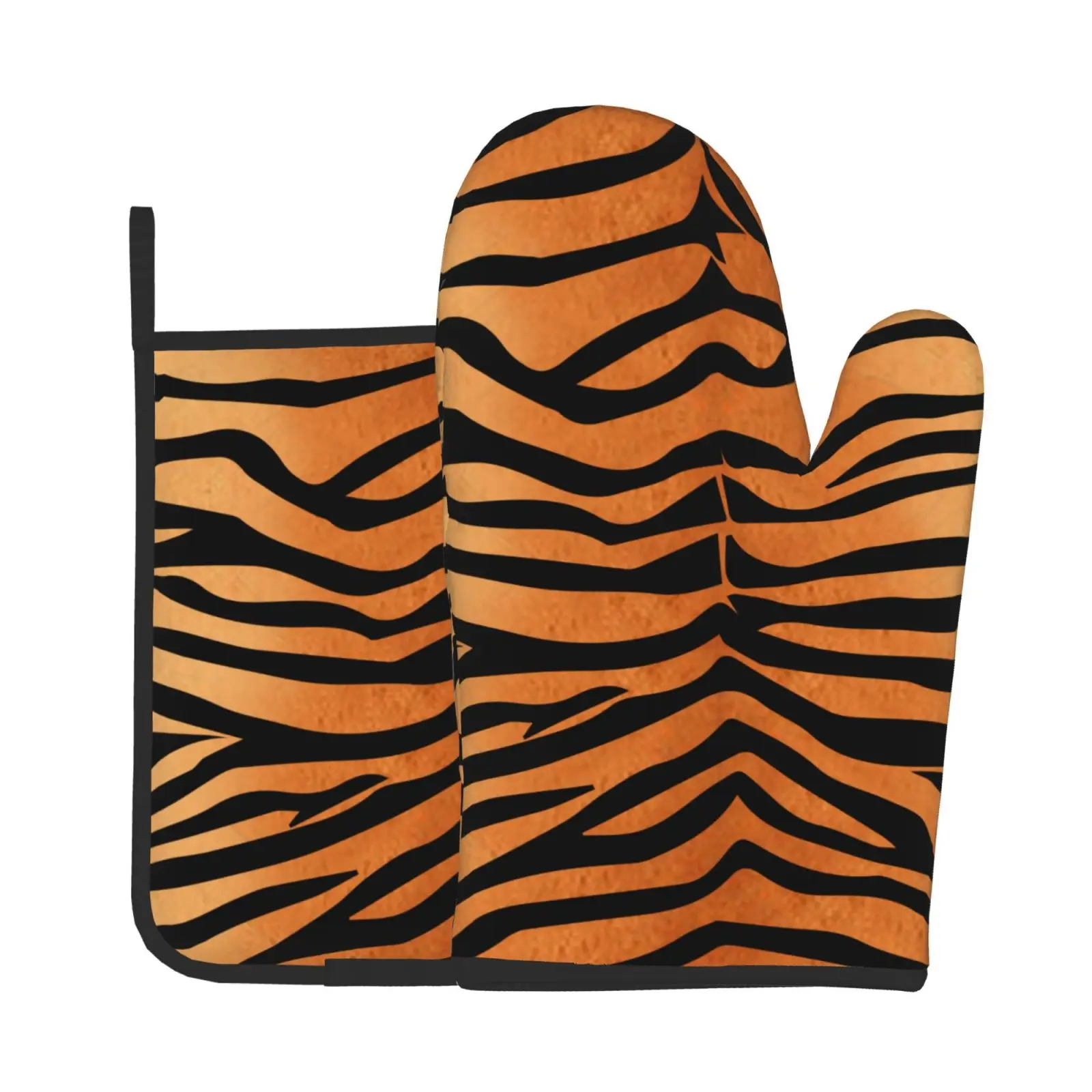 Heat Resistant Oven Mitt and Pot Holders 2 Piece Set Tiger Pattern Winter Lining Non-Slip Kitchen BBQ Oven Gloves