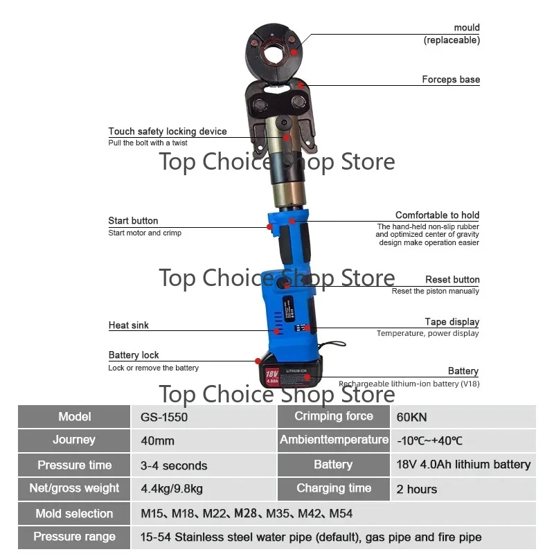 12T Lithium‑powered Ring‑shaped Crimping Plier Straight Shank Metal Tube Press‑fit Working Tool