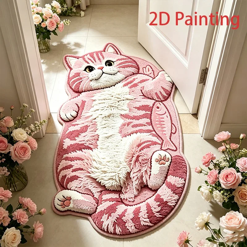 Creative Cute Pink Cat Fish Pattern Carpet Fun Cartoon Living Room Carpet Home Decor Soft Comfortable Bedroom Bedside Floor Mat