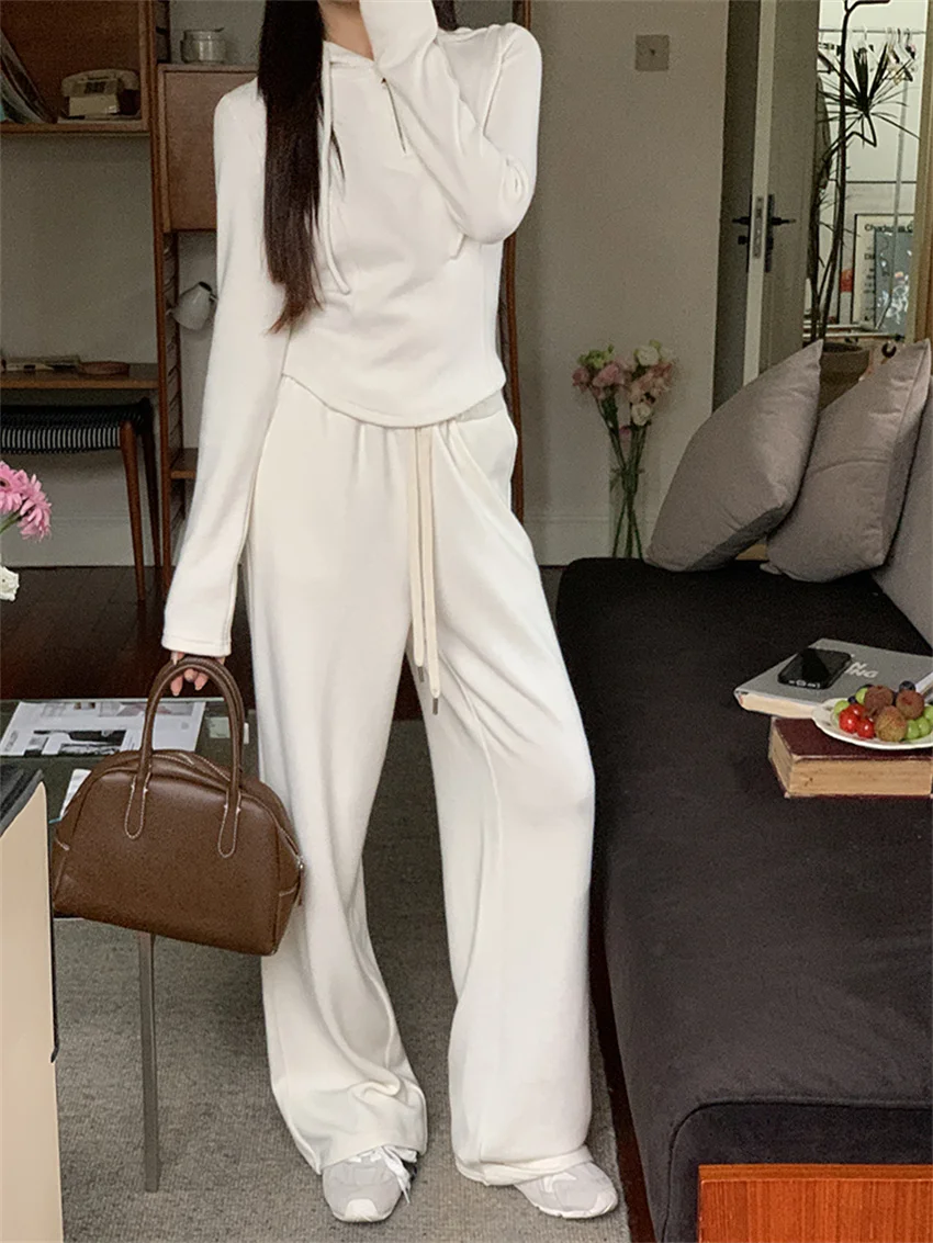 Alien Kitty 2024 Casual Women Slim-Fit Suits Chic Solid Autumn High Street Hooded Coats Wide Leg Loose Pants Office Lady Sets