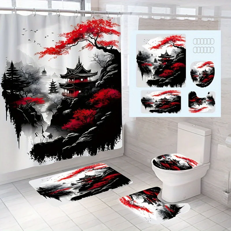 4pcs Retro Forest Ink Painting Shower Set, Bathroom Rug, U-Shape Mat, Toilet Lid Pad, Water-resistant Curtain Including