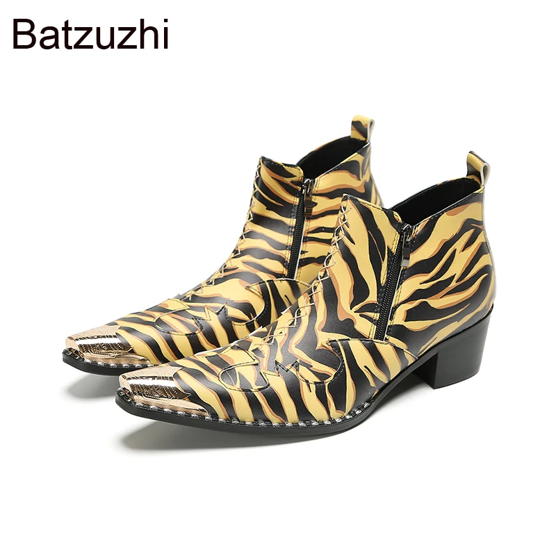 Batzuzhi 6.5cm High Heels Men's Boots Shoes Golden Toe Black Gold Men's Leather Ankle Boots Man Fashion Party/Wedding Boot