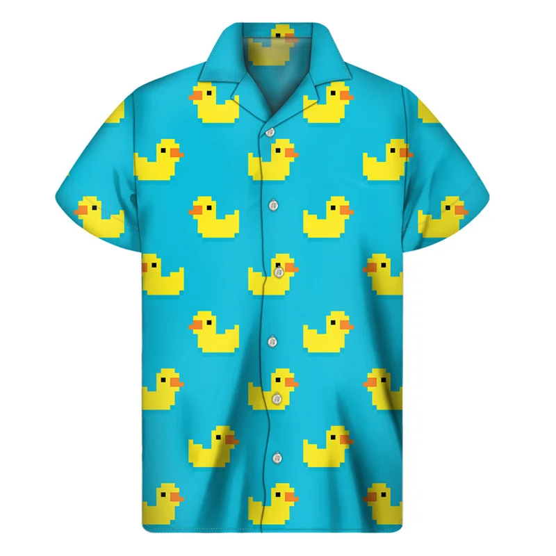 Cute Yellow Rubber Duck Graphic Shirt Men 3D Print Hawaiian Shirts Summer Button Short Sleeve Tops Loose Lapel Aloha Blouse